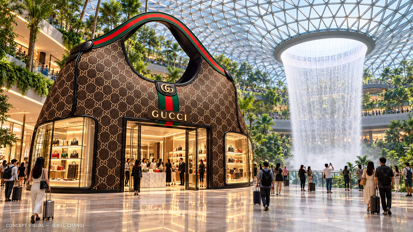 Illustrative giant handbag boutique concept beside the waterfall at Jewel Changi Airport